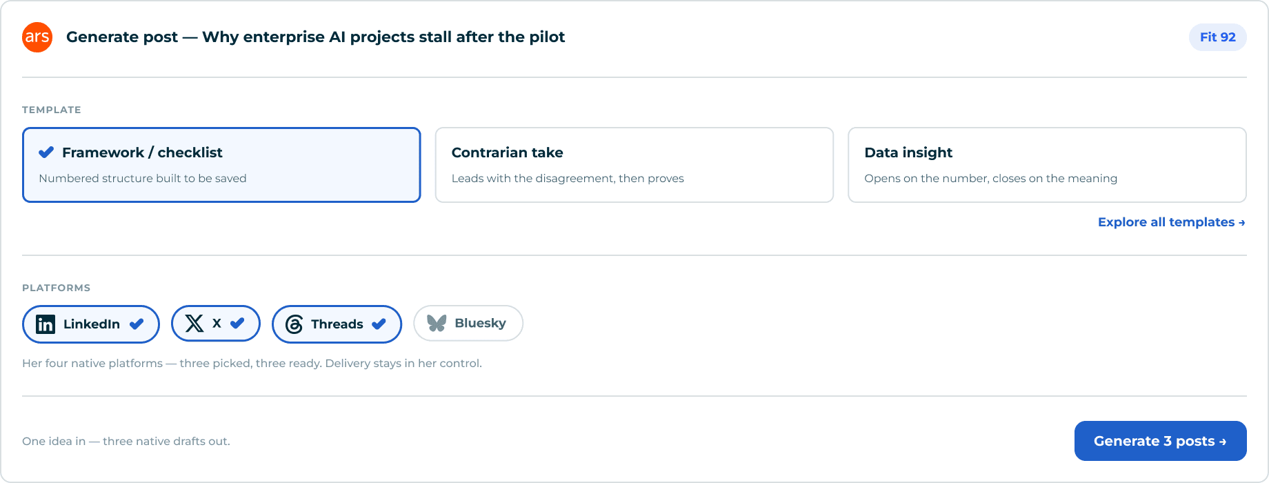 A picker offering the Framework / checklist, Contrarian take and Data insight templates, with LinkedIn, X and Threads chosen as destination platforms.